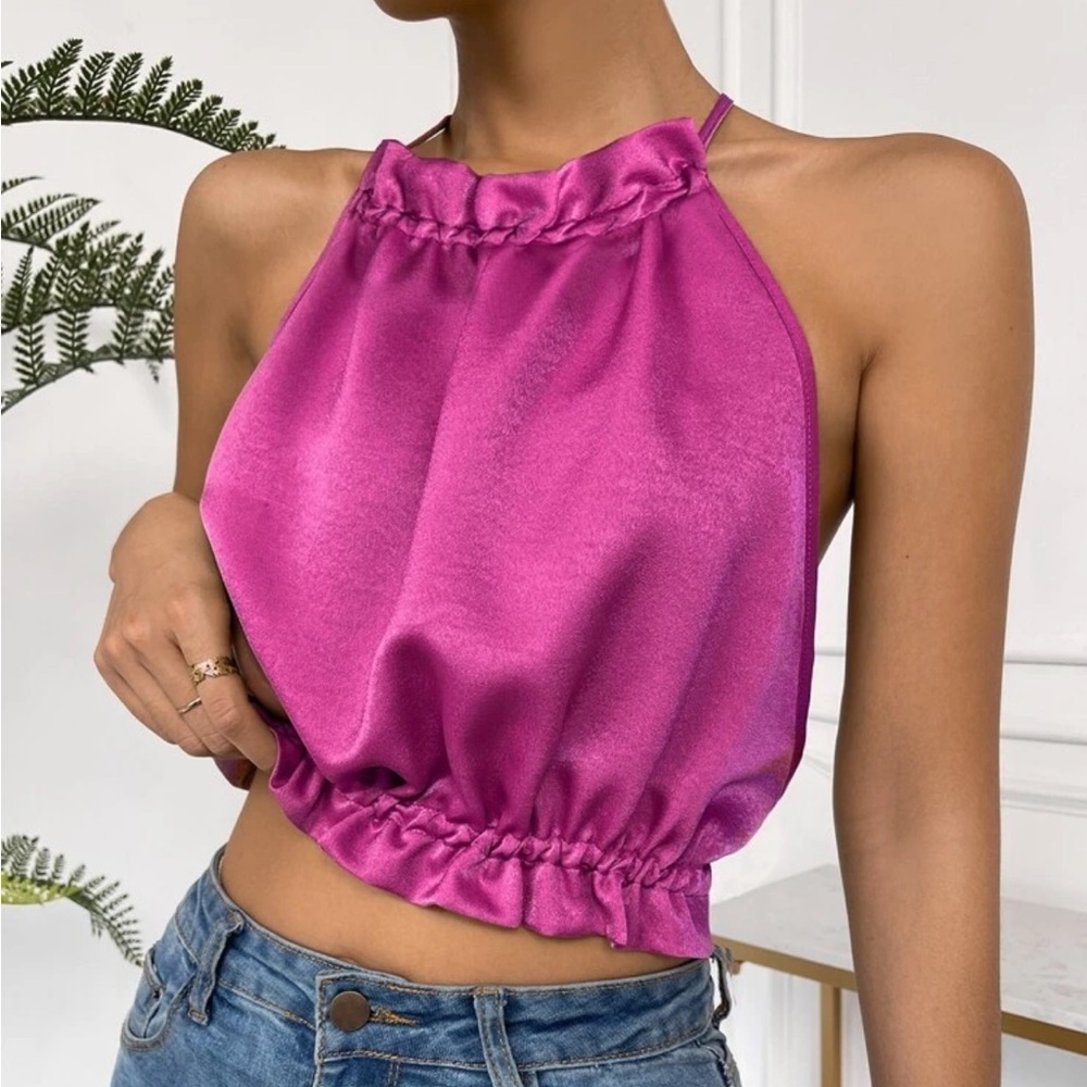 Ruffle Satin Open Back Toe Halter Top - Picture 11 of 14